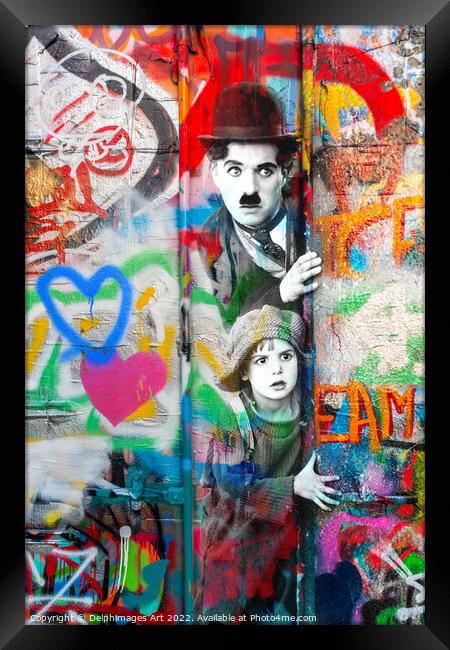 Charlie Chaplin and the Kid street art Framed Print by Delphimages Art