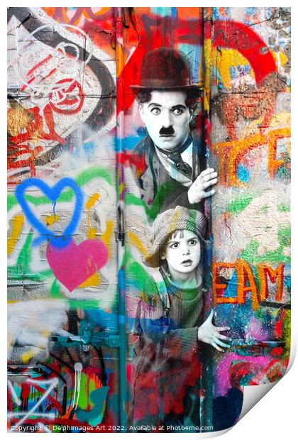 Charlie Chaplin and the Kid street art Print by Delphimages Art