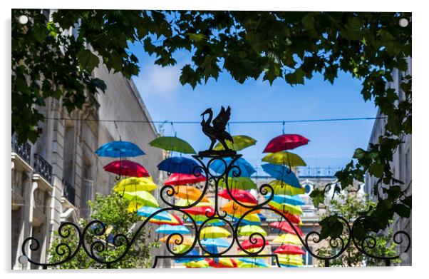 Silhouette of a Liverbird in front of the floating umbrellas Acrylic by Jason Wells