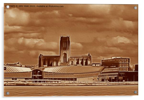 Anglican Cathedral and M&S Bank Arena Liverpool  Acrylic by John Wain