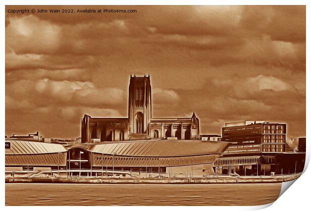 Anglican Cathedral and M&S Bank Arena Liverpool  Print by John Wain