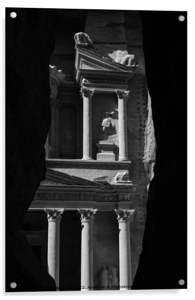 Treasury or Khazne al-Firaun Detail in Petra in Black and White Acrylic by Dietmar Rauscher