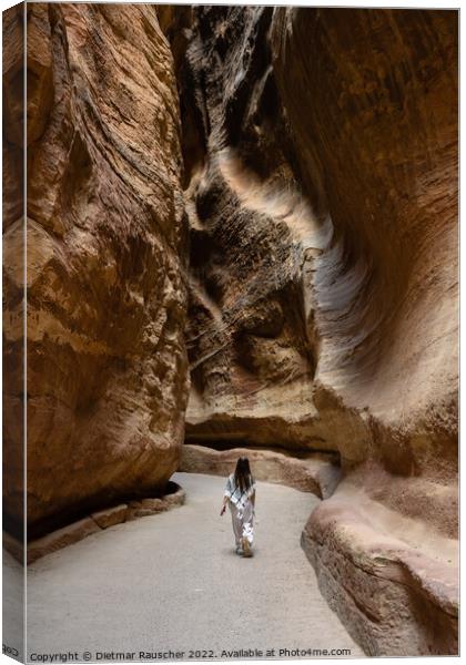 The Siq Gorge in the Nabatean City Petra with a Girl Canvas Print by Dietmar Rauscher