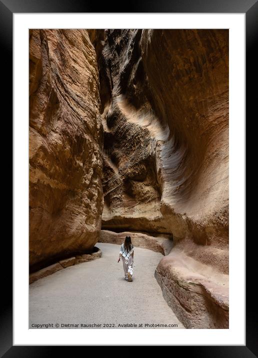 The Siq Gorge in the Nabatean City Petra with a Girl Framed Mounted Print by Dietmar Rauscher