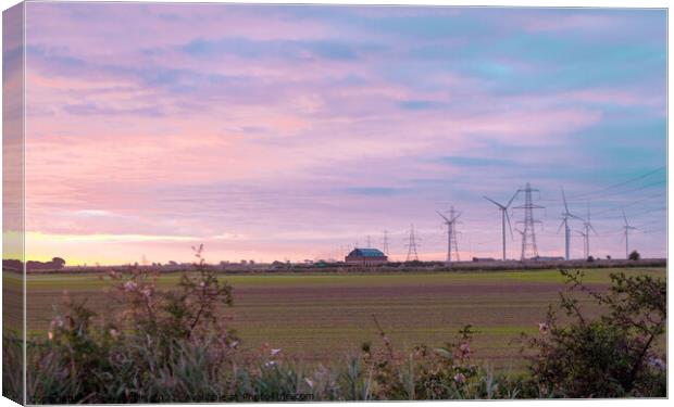 Pylons and wind turbines at daybreak Canvas Print by Sally Wallis