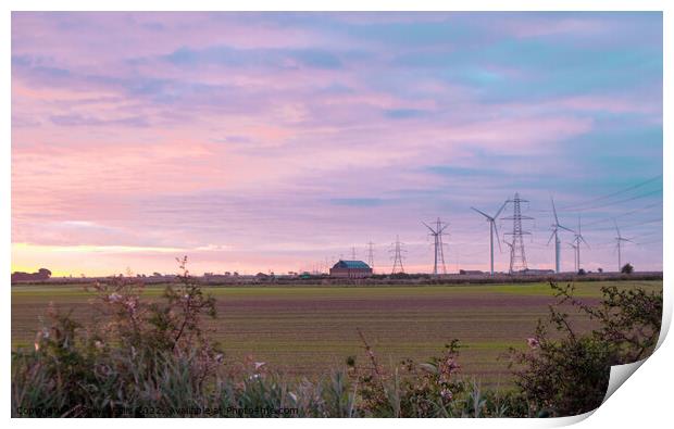 Pylons and wind turbines at daybreak Print by Sally Wallis