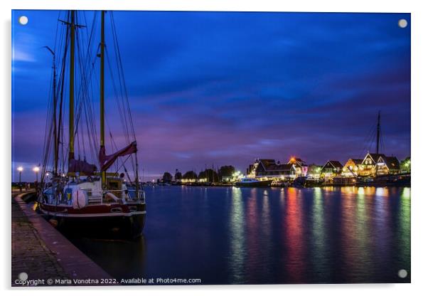 Illuminated Volendam harbor at night Acrylic by Maria Vonotna