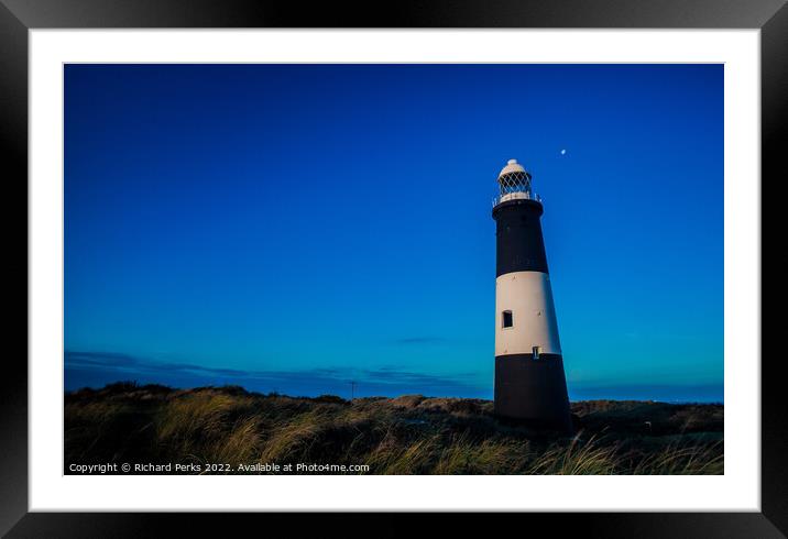 Spurn Point Lighthouse and the moon Framed Mounted Print by Richard Perks