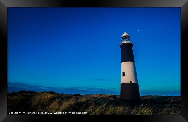 Spurn Point Lighthouse and the moon Framed Print by Richard Perks