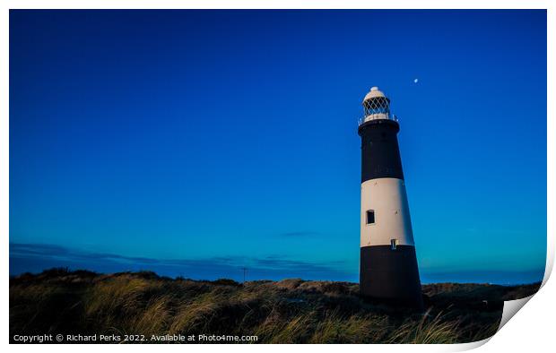 Spurn Point Lighthouse and the moon Print by Richard Perks