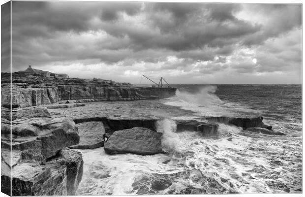 Storm waves at Portland Bill in monochrome Canvas Print by Mark Godden