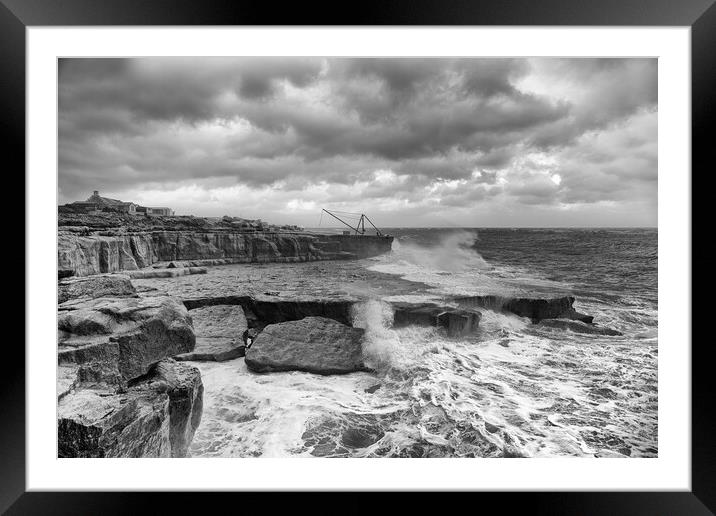 Storm waves at Portland Bill in monochrome Framed Mounted Print by Mark Godden