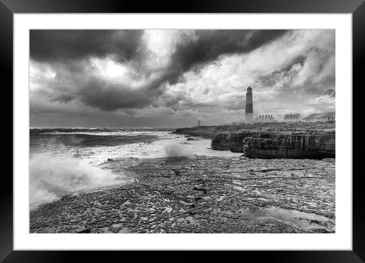 Storm waves at Portland Bill in monochrome Framed Mounted Print by Mark Godden