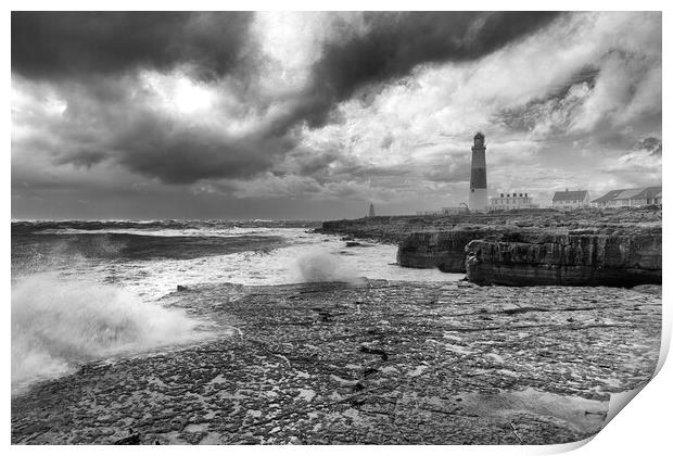 Storm waves at Portland Bill in monochrome Print by Mark Godden