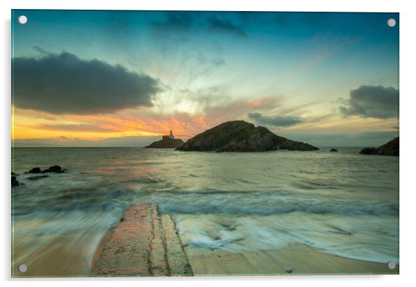 Dawn at Mumbles lighthouse Acrylic by Bryn Morgan