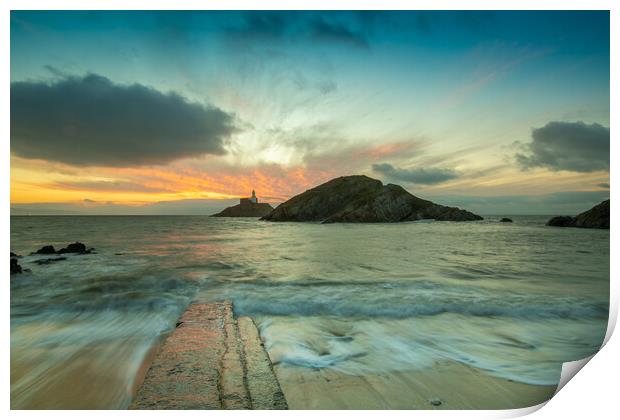 Dawn at Mumbles lighthouse Print by Bryn Morgan