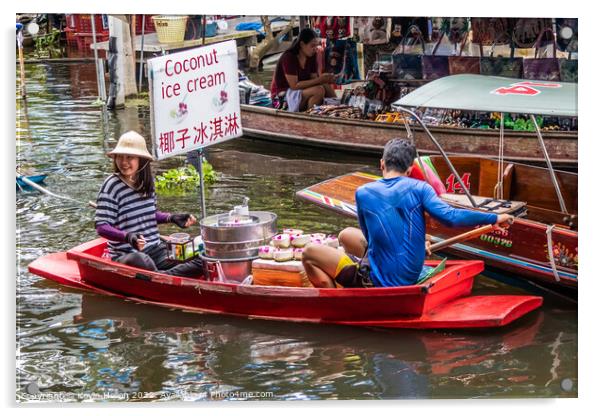 Cocnut ice cream boat vendor, Damnoen Saduak floating market, Th Acrylic by Kevin Hellon