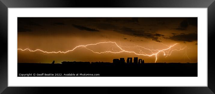 Stonehenge lightning strike panoramic Framed Mounted Print by Geoff Beattie