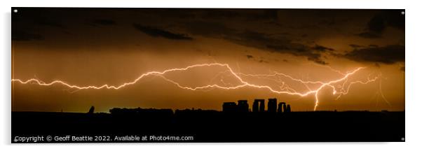 Stonehenge lightning strike panoramic Acrylic by Geoff Beattie