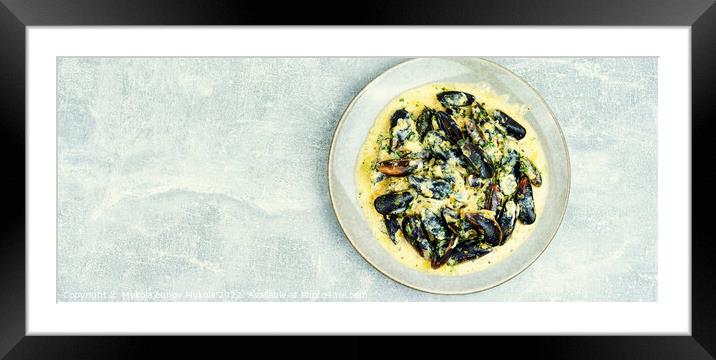 Appetizing boiled mussels,space for text Framed Mounted Print by Mykola Lunov Mykola