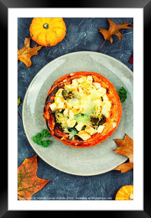 Stuffed baked pumpkin filled with cheese and vegetables. Framed Mounted Print by Mykola Lunov Mykola