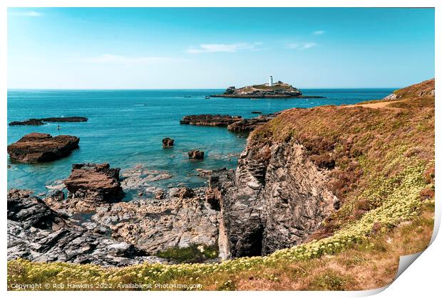 Godrevy Lighthouse seascape Print by Rob Hawkins