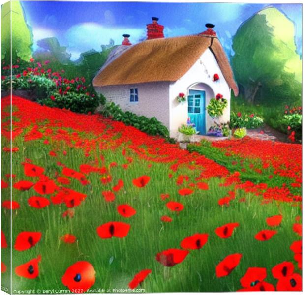 Quaint Thatched Cottage amid Wild Poppies Canvas Print by Beryl Curran