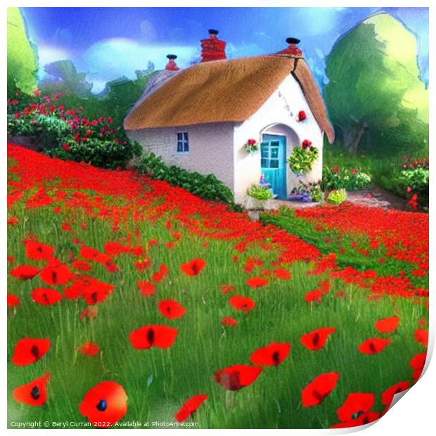 Quaint Thatched Cottage amid Wild Poppies Print by Beryl Curran