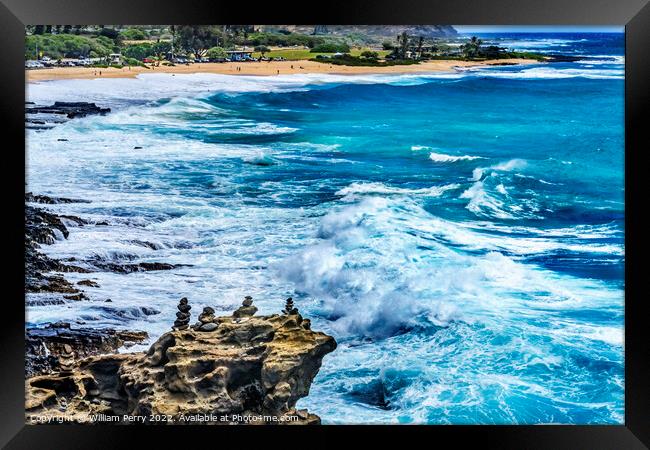 Colorful Cairns Rock Piles Ocean Sandy Beach Honolulu Hawaii Framed Print by William Perry