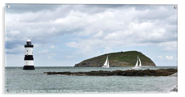 Penmon Lighthouse and Racing Sailboats. Acrylic by Philip Veale