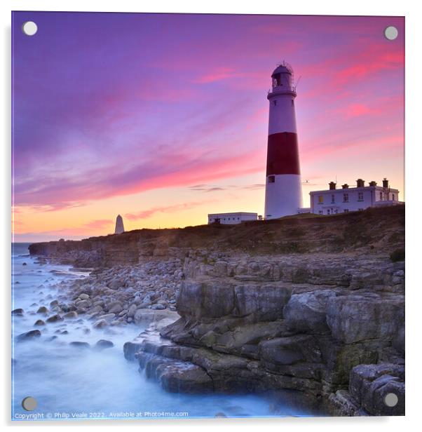 Portland Bill and Obelisk at Sunset. Acrylic by Philip Veale