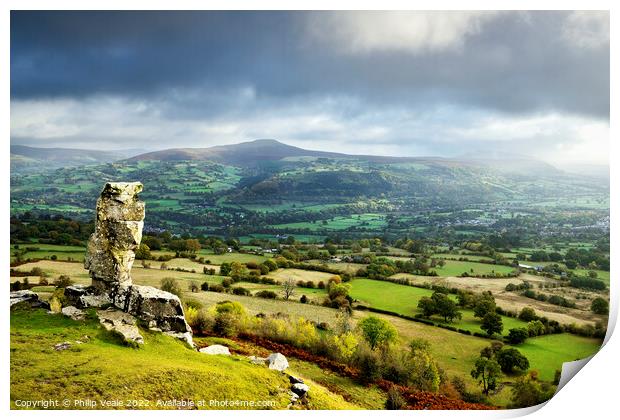 Sugar Loaf and Skirrid under a Stormy Sky. Print by Philip Veale