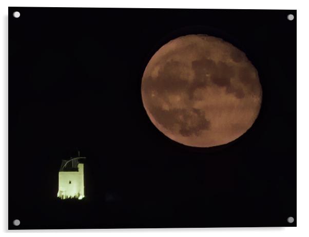 Full Moon - Sturgeon with a Tower Building. Acrylic by Maggie Bajada