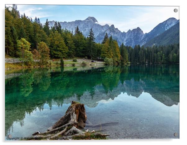 Picturesque Blue Lake Fusine with Julian Alps in Background. Acrylic by Maggie Bajada