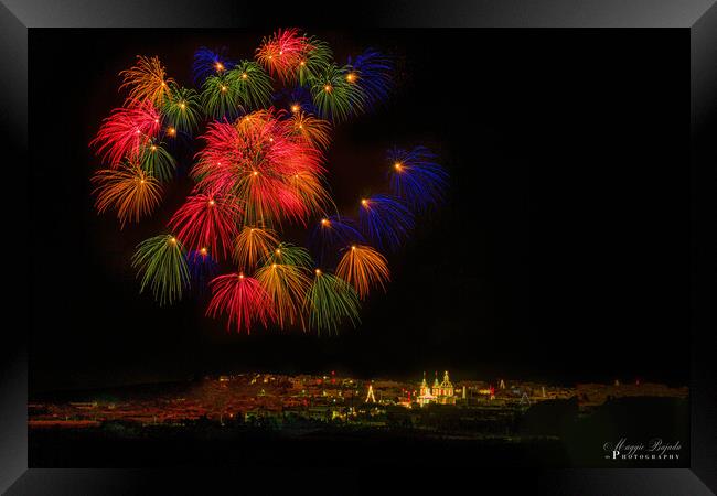 Colorful balls of Fireworks - Celebrations. Framed Print by Maggie Bajada