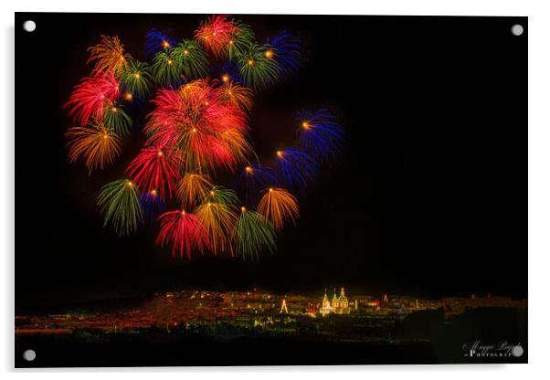 Colorful balls of Fireworks - Celebrations. Acrylic by Maggie Bajada