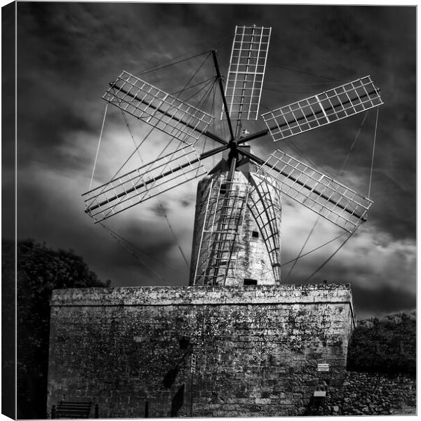 Dramatic Monochrome - Ta Kola Windmill in Xaghra,  Canvas Print by Maggie Bajada