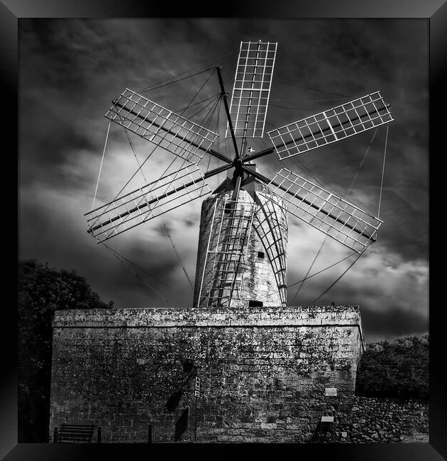 Dramatic Monochrome - Ta Kola Windmill in Xaghra,  Framed Print by Maggie Bajada