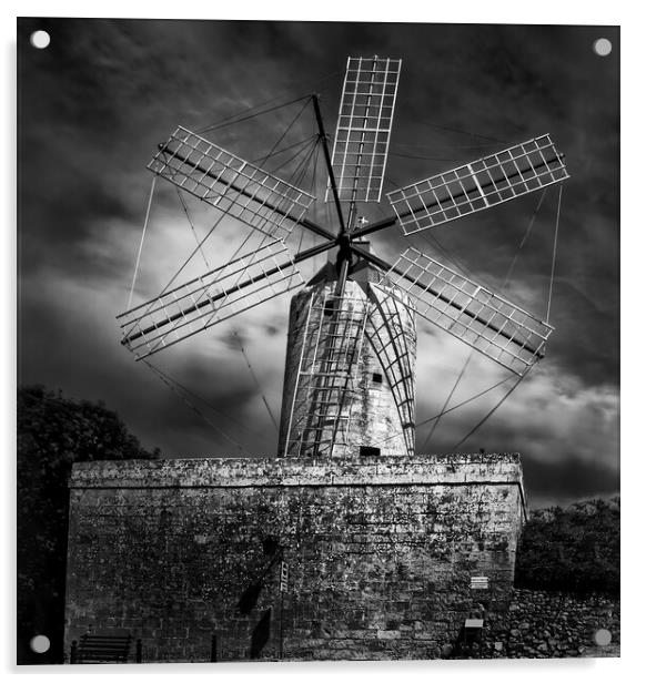 Dramatic Monochrome - Ta Kola Windmill in Xaghra,  Acrylic by Maggie Bajada