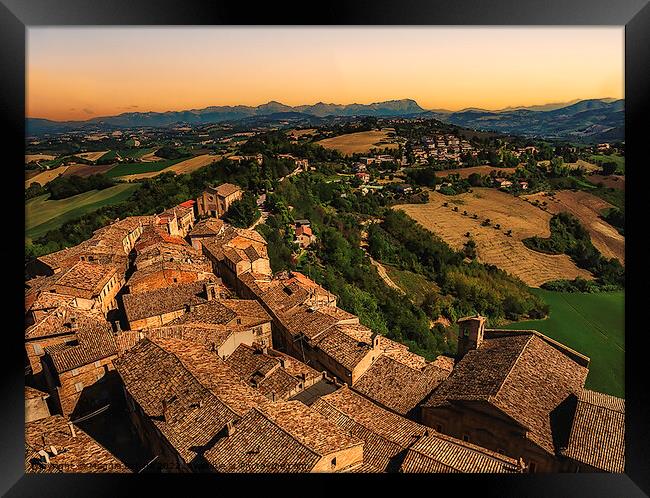 Sunset of Petritoli Town, region of Marche, Italy.  Framed Print by Maggie Bajada