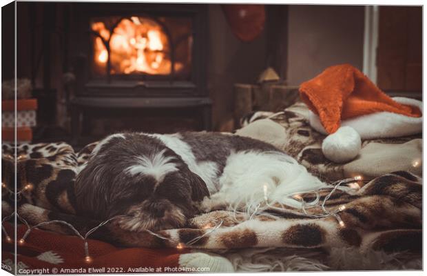 Dog Sleeping By Roaring Log Fire Canvas Print by Amanda Elwell