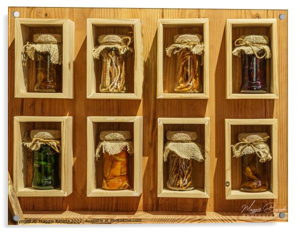 Display of Pickled Jars on a wooden shelves. Acrylic by Maggie Bajada