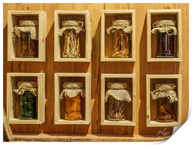 Display of Pickled Jars on a wooden shelves. Print by Maggie Bajada