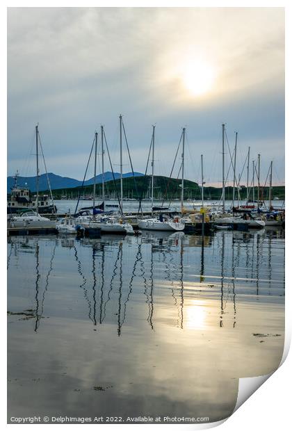 Boats reflection in the harbor of Oban Print by Delphimages Art