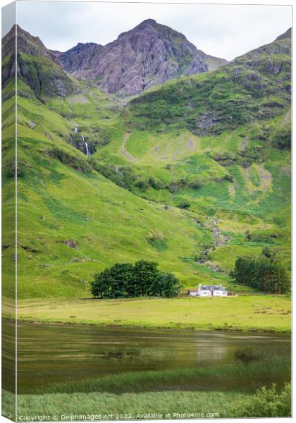 Lone scottish house in Glencoe valley Canvas Print by Delphimages Art