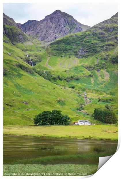 Lone scottish house in Glencoe valley Print by Delphimages Art