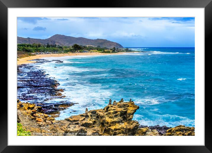 Colorful Cairns Rock Piles Ocean Sandy Beach Honolulu Hawaii Framed Mounted Print by William Perry