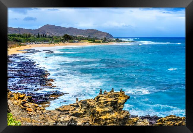 Colorful Cairns Rock Piles Ocean Sandy Beach Honolulu Hawaii Framed Print by William Perry