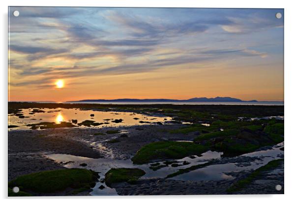 Arran sunset  panorama at low tide, Greenan Ayr Acrylic by Allan Durward Photography