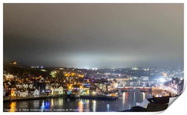 Whitby Harbour Illuminated At Night Print by Peter Greenway